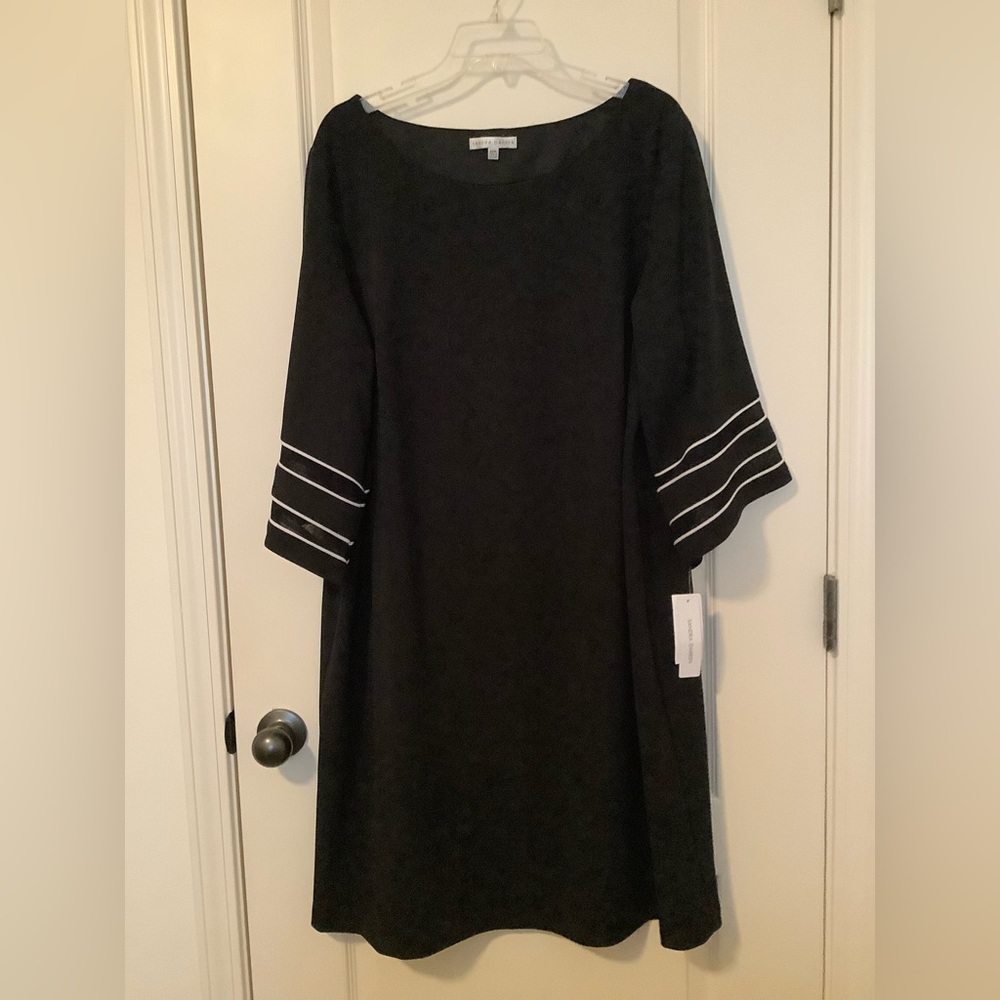 NWT Sandra Darren black shift dress with sheer and piping detail